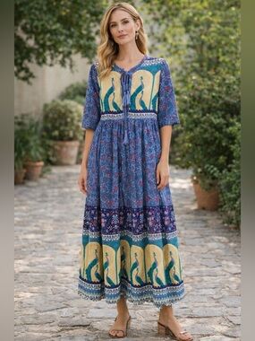 R Vivimos Colorful Blue Peacock Maxi Dress Size Large